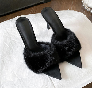 Sandales <span class=keywords><strong>mules</strong></span> à <span class=keywords><strong>talon</strong></span> aiguille en fourrure douce pour <span class=keywords><strong>femme</strong></span>, <span class=keywords><strong>avec</strong></span> semelle intérieure confortable, élégantes, à bout ouvert, à enfiler, pour les soirées, les rendez-vous et le quotidien - Product Image 3