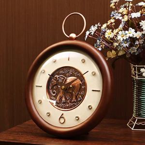 Solid Wood <b>Table</b> <b>Clock</b> Circular Leather Dial Elephant Design Desktop Decorative <b>Clock</b> For Living Room Bedroom - Product Image 2