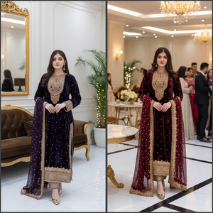 New Party Wear Viscose Velvet Designer Look Top-Dupatta et fond entièrement cousu avec broderie lourde Siquance Work - Product Image 3