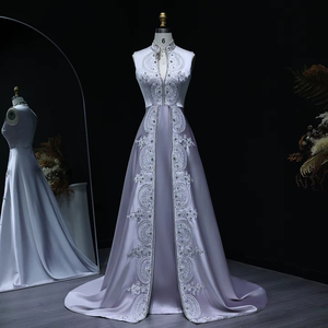 Vestido de Noche Árabe Elegante LSZ003 en Satén Gris con Cristales, Patrón Floral en 3D, Bordado, Cuello Alto, Vestidos de Fiesta Formales para Mujer - Product Image 2