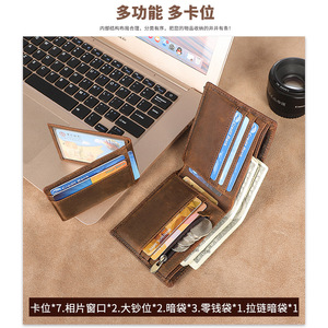 Cartera de hombre de cuero Crazy Horse de moda europea Andong, cartera corta de piel de vacuno de primera capa, carteras tejidas, monedero de cuero genuino para hombre - Product Image 4