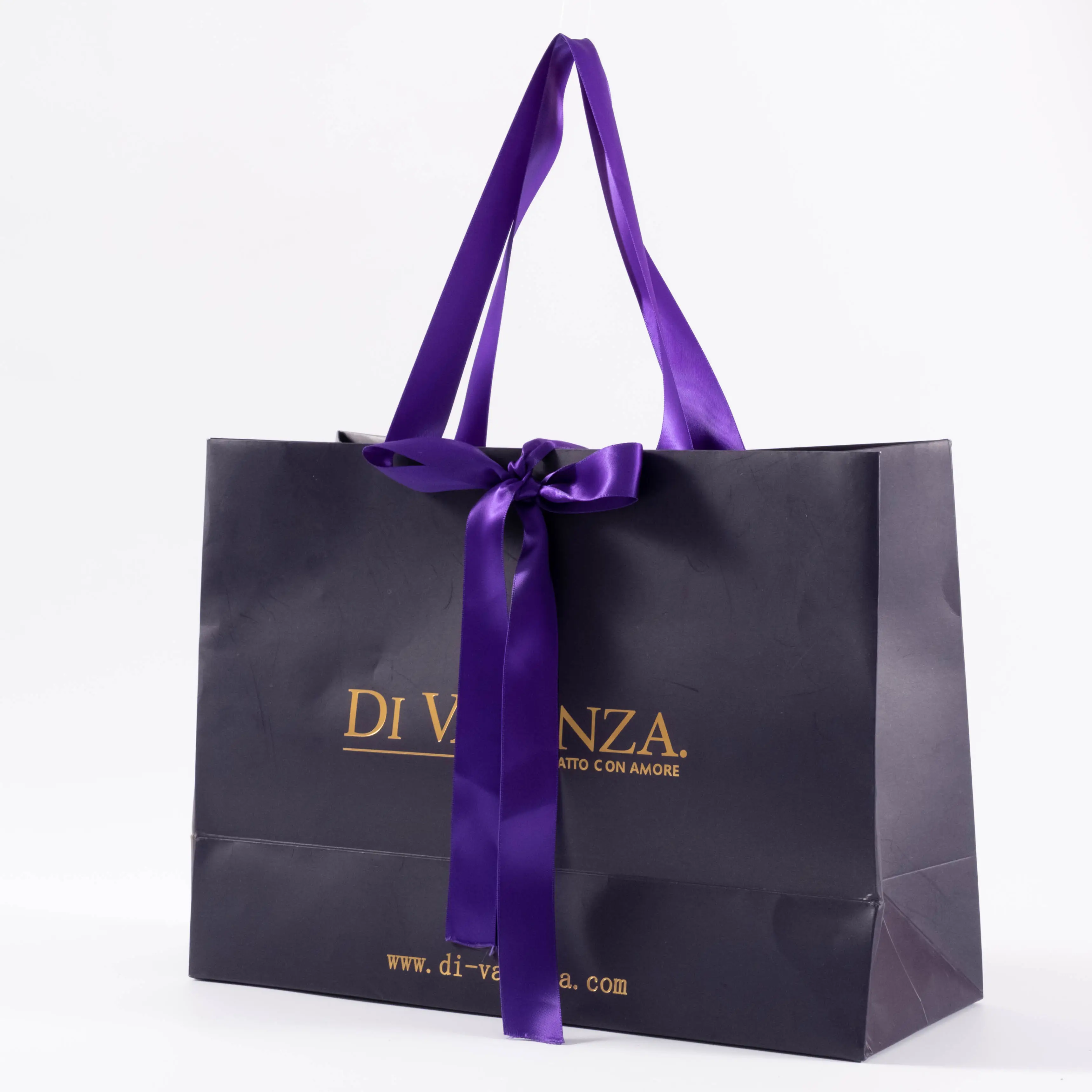 Kosmetik Einzelhandel Schmuck Halskette hochwertig benutzerdefiniertes Logo gedruckte lila Geschenkverpackung Papier-Einkaufstasche mit Band-Handgriff