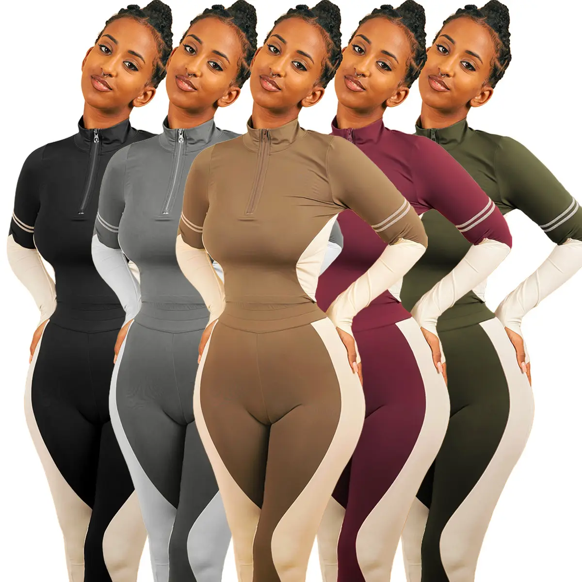 Custom Two Piece Set Workout Sets Women Long Sleeve Color Stitching Crop Top Zipper High Waist Leggings Yoga Athletic Outfits