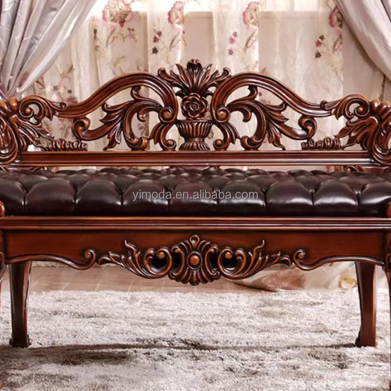 Banco de sofá clásico americano, Banco de extremo de cama interior moderno, asiento de salón, Banco de dormitorio de lujo otomano de cuero marrón grande