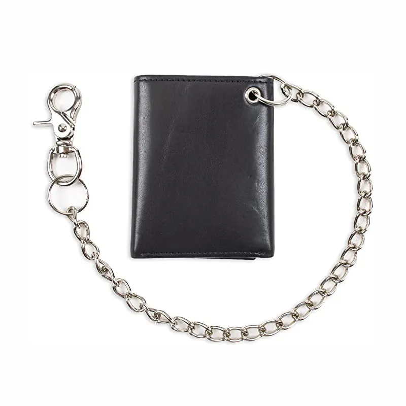 Men's Trifold Chain Wallet with Id Window and Credit Card Pockets Minimalist Genuine Leather Biker Chain Wallet