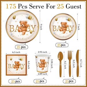 Ensemble de fête pour bébé ours, assiettes en papier, gobelets, serviettes, kit de fournitures de fête jetables pour la célébration de la fête de naissance - Product Image 2
