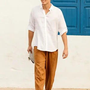 Camisa branca de linho leve clássica masculina de alta qualidade respirável e confortável camisa de linho com botões