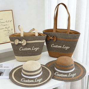 Ensemble sac fourre-tout tissé avec logo personnalisé et chapeau de soleil multifonctionnel, sac à main tissé pliable, chapeau de paille à large bord pour la protection solaire - Product Image 1