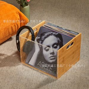 Bamboo <b>Record</b> Storage Box Rectangle Transparent Vinyl Organizer Office Media Holder <b>Standing</b> Type Solid Color - Product Image 2