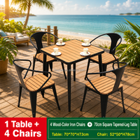 Ensemble de table à manger d'extérieur 5 pièces, plateau carré à lattes 70 cm, pieds noirs coniques avec 4 chaises aspect bois, vente en gros directe d'usine, nouveauté