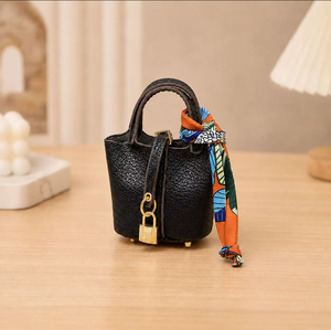 Luxury H-Style Mini Bucket Bag Charm, PU Leather Earphone Pouch & Coin Purse with Silk <b>Scarf</b>, Cute Keychain for Women - Product Image 4