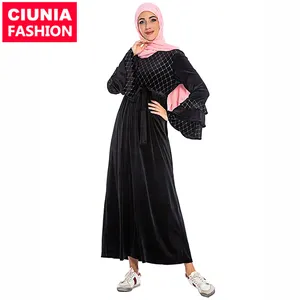 Vestido negro musulmán de terciopelo para mujer, ropa de moda de Turquía, Dubái, Ramadán, Eid, ropa de oración, vestido para mujer 6221