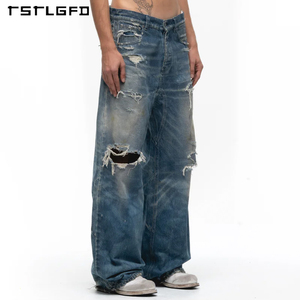 بنطلون جينز واسع الساق بتصميم منحني وشعار مخصص، بنمط الشارع، بغسيل قديم ومظهر متهالك - Product Image 4