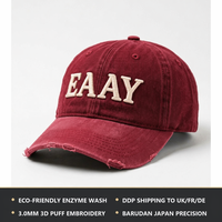 Custom 6-panel dobby dot distressed baseballcap met rafelrand, herringbone strikken, vintage gewassen katoen, enkelvoudige gespsluiting, unisex