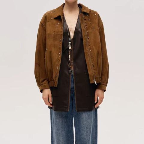 0025 2026 Autumn Winter Women's Lapel Suede Sheepskin Coat Loose Rivet Beaded Mid-Length Zip up Hippie Leather Jacket