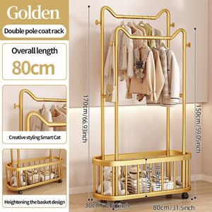 Perchero Doble Dorado de Tres Niveles de 80 cm, Organizador de Ropa Metálico con Cesta de Almacenamiento y Ruedas, Diseño Moderno con Recubrimiento en Polvo - Product Image 1