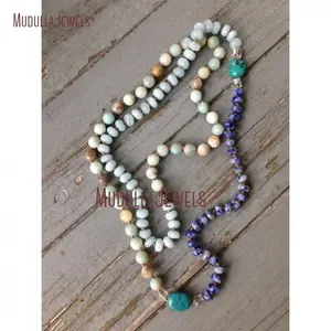 NM20601 Boho Mixed Layering Gemstone Beaded Necklace Hand Knot NECKLACE Lapis Beads Necklace