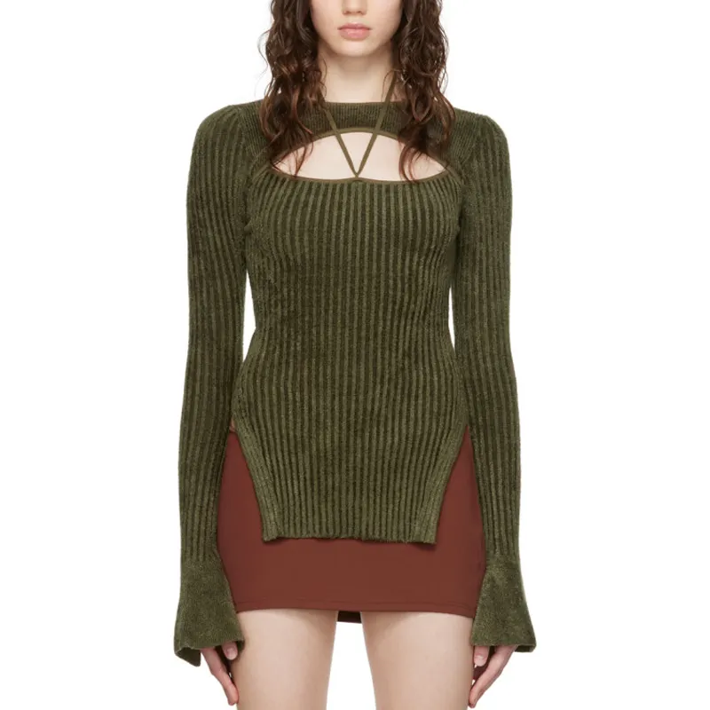 custom 2022 fashion women sweaters brushed ribbed knit pullover fashionable green cut out sweater women