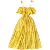 Robe longue d'été pour femme, épaules dénudées, bretelles spaghetti, broderie anglaise, volants, taille cintrée, coupe fluide