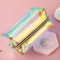 Pochette de rangement pour maquillage de voyage personnalisable, transparente, holographique, en PVC, sac cosmétique lavable avec fermeture éclair, design tendance