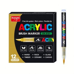 Juego de 12 Marcadores de Pintura Acrílica Dorados y Plateados, de Secado Rápido, con Punta de Pincel Suave, Doble Cara, Borrables, para la Creatividad - Product Image 1