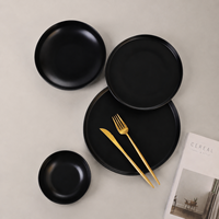 Service de table en porcelaine céramique de qualité supérieure de 12 pièces avec glaçure noire semi-mate avec bol de riz aux fruits et assiette à pâtes incurvée