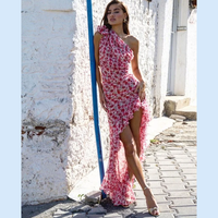Robe Midi Femme Imprimé Floral, Style Bodycon, Épaules Dénudées, Volants, Fente, Bandage, Tendance Vacances
