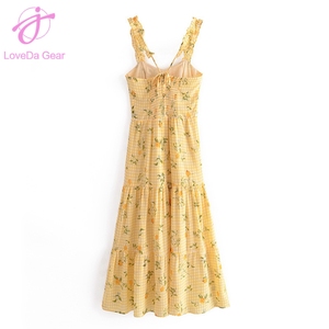 Loveda Wholesale Women Party Wear Casual Sexy High-waisted Checkered <strong>Lemon</strong> <strong>Print</strong> Ruffled Shoulder Strap Suspender <strong>Dress</strong> - Product Image 3