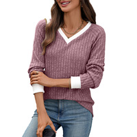 Suéter Básico Casual Holgado de Manga Larga con Cuello en V y Ribetes Blancos en Bloques de Color para Mujer, Tejido Acanalado, Estampado Personalizado