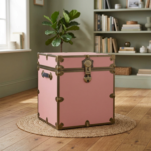 Vintage Pink Cube <b>Storage</b> Trunk | Heavy Duty Metal Camp Steamer <b>Box</b> with Brass Hardware | Decorative Bedroom Organizer Chest - Product Image 1