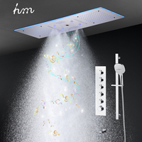 Colonne de douche thermostatique LED encastrée au plafond, grande taille, 5 fonctions : brume, pluie, cascade, massage
