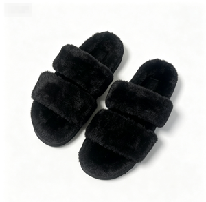 Elegant Women Charcoal Grey Chenille Plush Faux Fur <b>Slippers</b> Triple Strap Shock Absorbing Sole House Sourcing Agent Autumn Women - Product Image 2