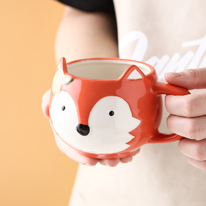 Lelyi-Taza de cerámica con dibujos animados, tazón creativo pintado a mano con animales, zorro, mapache, gato, búho - Product Image 3