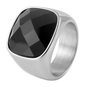 yunnique Men's <b>Gold</b> Steel Color Geometric <b>Ring</b> With Black Faceted Stone Bezel Setting Fashion Jewelry Gift - Product Image 5