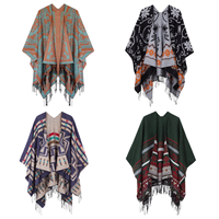 Poncho châle bohème aztèque réversible pour femme, cape à franges géométriques tribales, toucher cachemire doux, ouverture frontale, idéal automne-hiver