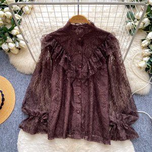 Zomerse dames <span class=keywords><strong>blouses</strong></span> met lange mouwen, kant, elegante ruffle trim, enkelrijig, opstaande kraag, slim fit - Product Image 3
