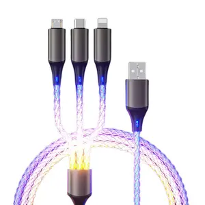 Câble de données USB pour téléphone, chargement rapide, 7 couleurs, en alliage Ziny RGB, flux lumineux 3 en 1, câble de charge 1.2m, 8 broches