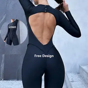 Sexy Backless Hollow Out Jumpsuit Basic Long Sleeves Splicing Solid Color Leisure Rempors Gym Sports Women Yoga Bodysuit