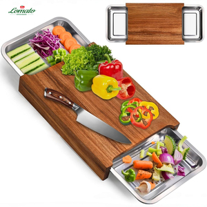 Planche à découper en bois d'acacia personnalisée avec tiroir, plateaux en acier inoxydable 304, planche à découper pour le pain et le fromage, planche de préparation alimentaire - Product Image 1