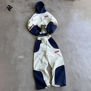 Ensemble de survêtement streetwear pour <span class=keywords><strong>femme</strong></span>, 2 pièces, sweat à capuche et pantalon large, tenue décontractée, contraste blanc et bleu marine - Product Image 1