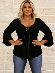 Blusa de Talla Grande para Mujer, Negra, Cuello en V, Casual, con Encaje, Manga Acampanada, Botones, Fruncido Frontal y Lazo, Primavera/Verano/Otoño - Product Image 3