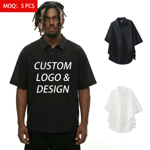 T-shirt da uomo ODM in maglia testurizzata perforata 220GSM, con risvolto, vestibilità morbida, manica corta, tinta unita, stile streetwear, morbida, per fornitura all'ingrosso - Product Image 1