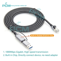 Cable Ethernet USB a RJ45 2 en 1 para ordenador portátil, 1000Mbps USB3.0 USB3.1 a RJ45 Gigabit Network LAN Cable Convertidor de 2 en 1