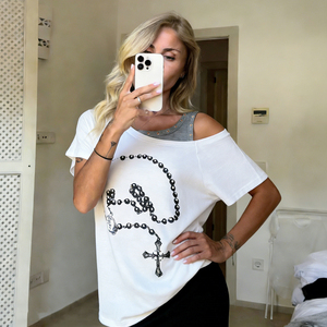 เสื้อกล้ามพิมพ์ลายไขว้สีตัดกัน คอเสื้อแบบอสมมาตร แต่งดีเทลตาไก่ ทรงหลวม ใส่ซ้อนกันได้ สไตล์สตรีท โชว์ไหล่ - Product Image 1