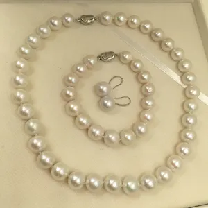 Conjunto de joyería de perlas naturales de buena calidad, pulsera de collar de 16 pulgadas y pendiente de plata 925, joyería de perlas de agua dulce redondas de 9-11mm