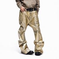 DiZNEW Jeans Homme Personnalisés Streetwear Effet Métallisé Doré Cyber Pop Coupe Déstructurée Taille Basse Slim Fit Pantalon Empilé Ciré