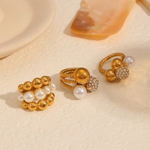 แหวนคริสตัล แหวนผู้หญิง ชุบทอง มุก เพชร รูปทรงเรขาคณิต เครื่องประดับสวมใส่ทุกวัน TR4323 - Product Image 2