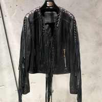 Veste en cuir courte rétro style western pour femme, en cuir de mouton véritable, noire avec franges et pompons