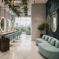 Meubles de salon de coiffure, comptoir d'exposition personnalisé, étagère, panneau mural avec logo lumineux, service d'installation