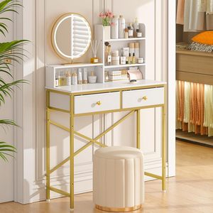 Vàng Trắng <span class=keywords><strong>Vanity</strong></span> bàn 2 ngăn kéo mở kệ lưu trữ phòng ngủ trang điểm bảng thiết lập vật liệu gỗ bàn trang điểm - Product Image 5